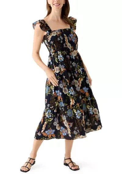 Women's Square Neck Floral Print Midi Dress