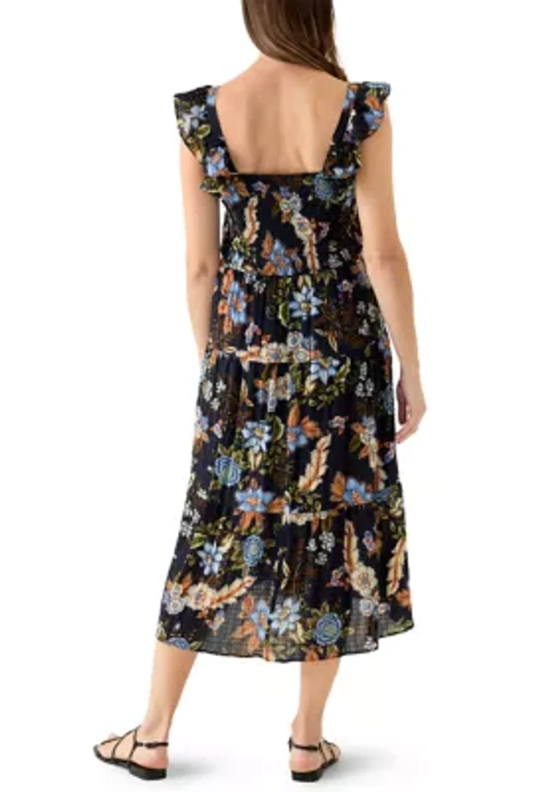 Women's Square Neck Floral Print Midi Dress