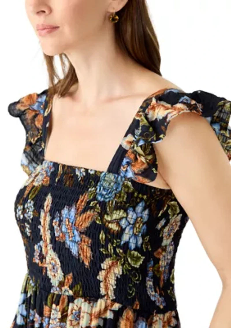 Women's Square Neck Floral Print Midi Dress