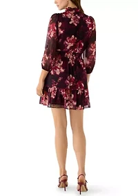 Women's Long Sleeve Mock Neck Floral Print Chiffon Fit and Flare Dress
