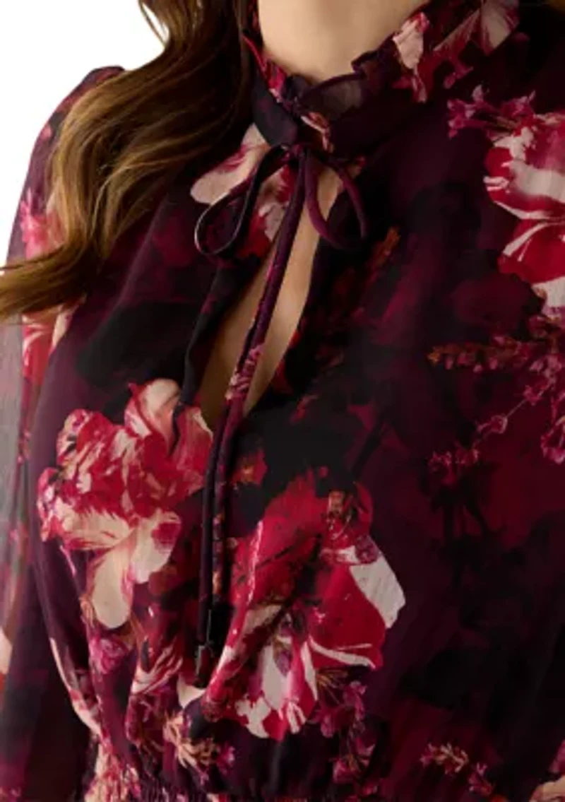 Women's Long Sleeve Mock Neck Floral Print Chiffon Fit and Flare Dress