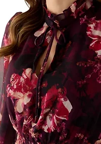 Women's Long Sleeve Mock Neck Floral Print Chiffon Fit and Flare Dress