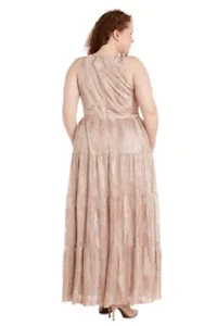 1Pc Foil Print Pleated Mesh Tiered Halter Dress