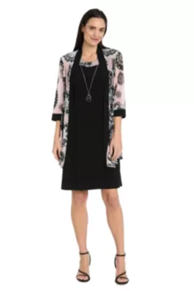 2Pc Printed Medallion Mesh Jacket Dress with Detachable Necklace