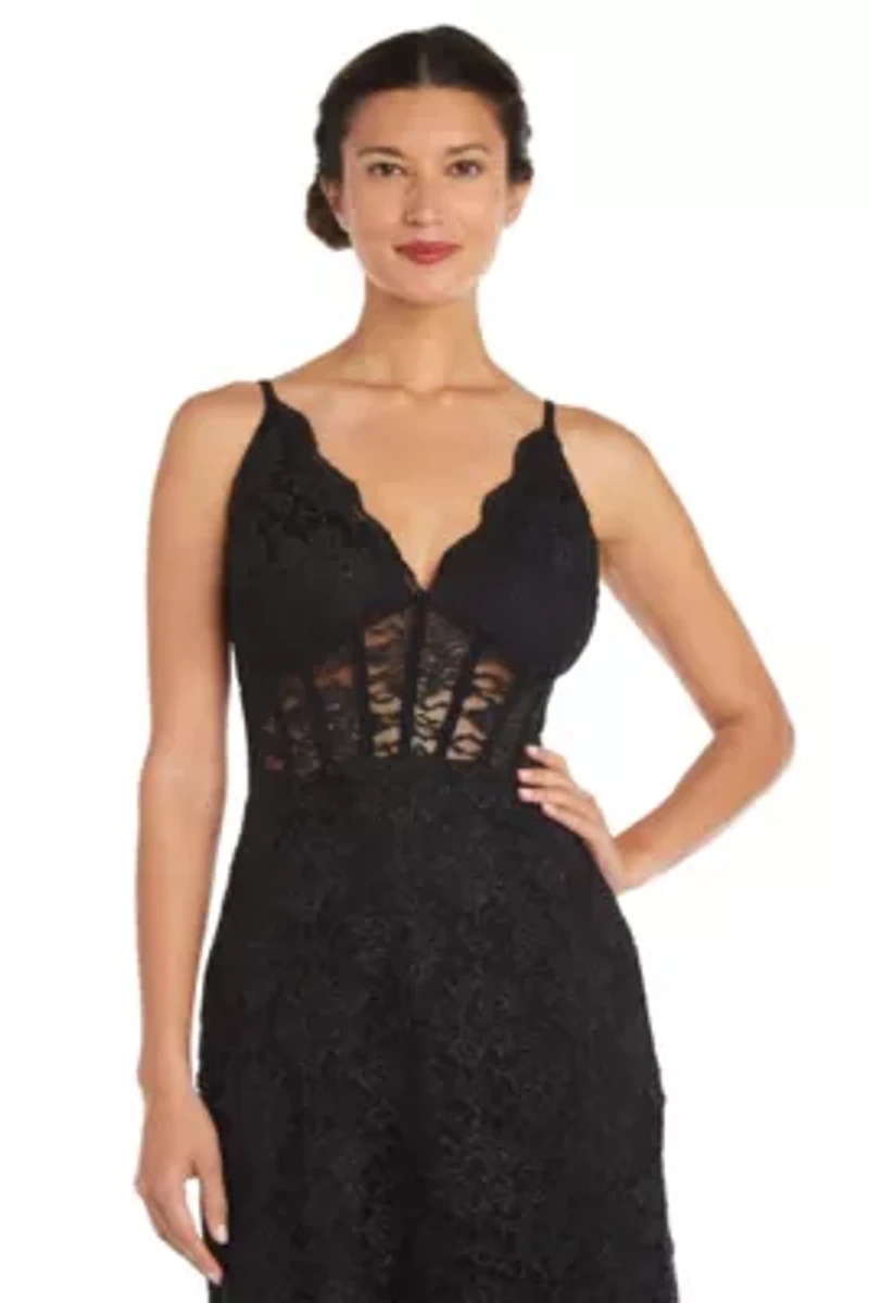Long Lace Corset Scallop Bodice W/Illusion Detail And Spaghetti Straps