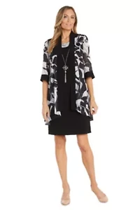 2Pc Printed Chiffon and Jersey Jacket Dress with Detachable Necklace