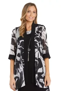 2Pc Printed Chiffon and Jersey Jacket Dress with Detachable Necklace