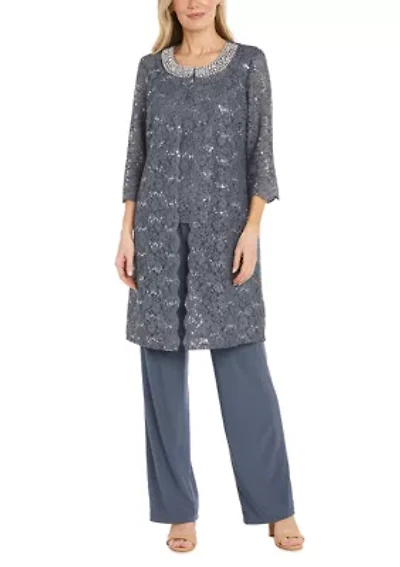 3Pc Duster Pant Set Scallop Edge Jacket And Sleeve W Pearl Sequin Collar Detail  Lace Tank Ity