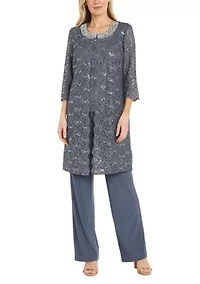 3Pc Duster Pant Set Scallop Edge Jacket And Sleeve W Pearl Sequin Collar Detail  Lace Tank Ity