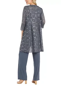 3Pc Duster Pant Set Scallop Edge Jacket And Sleeve W Pearl Sequin Collar Detail  Lace Tank Ity
