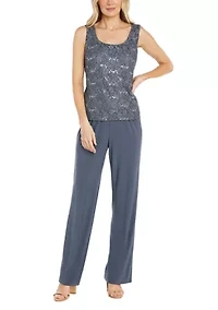 3Pc Duster Pant Set Scallop Edge Jacket And Sleeve W Pearl Sequin Collar Detail  Lace Tank Ity