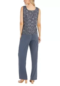 3Pc Duster Pant Set Scallop Edge Jacket And Sleeve W Pearl Sequin Collar Detail  Lace Tank Ity