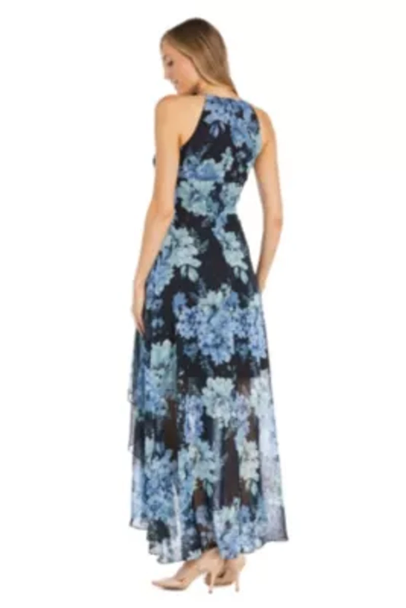 Long Halter Floral Printed Chiffon Dress With Keyhole Neckline And Carwash Skirt