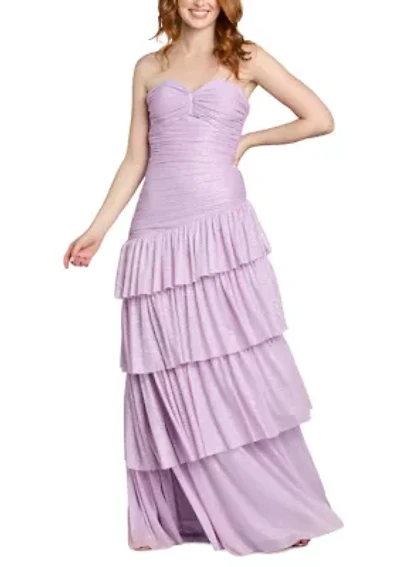 Women's Strapless Tiered Glitter Mesh Dress