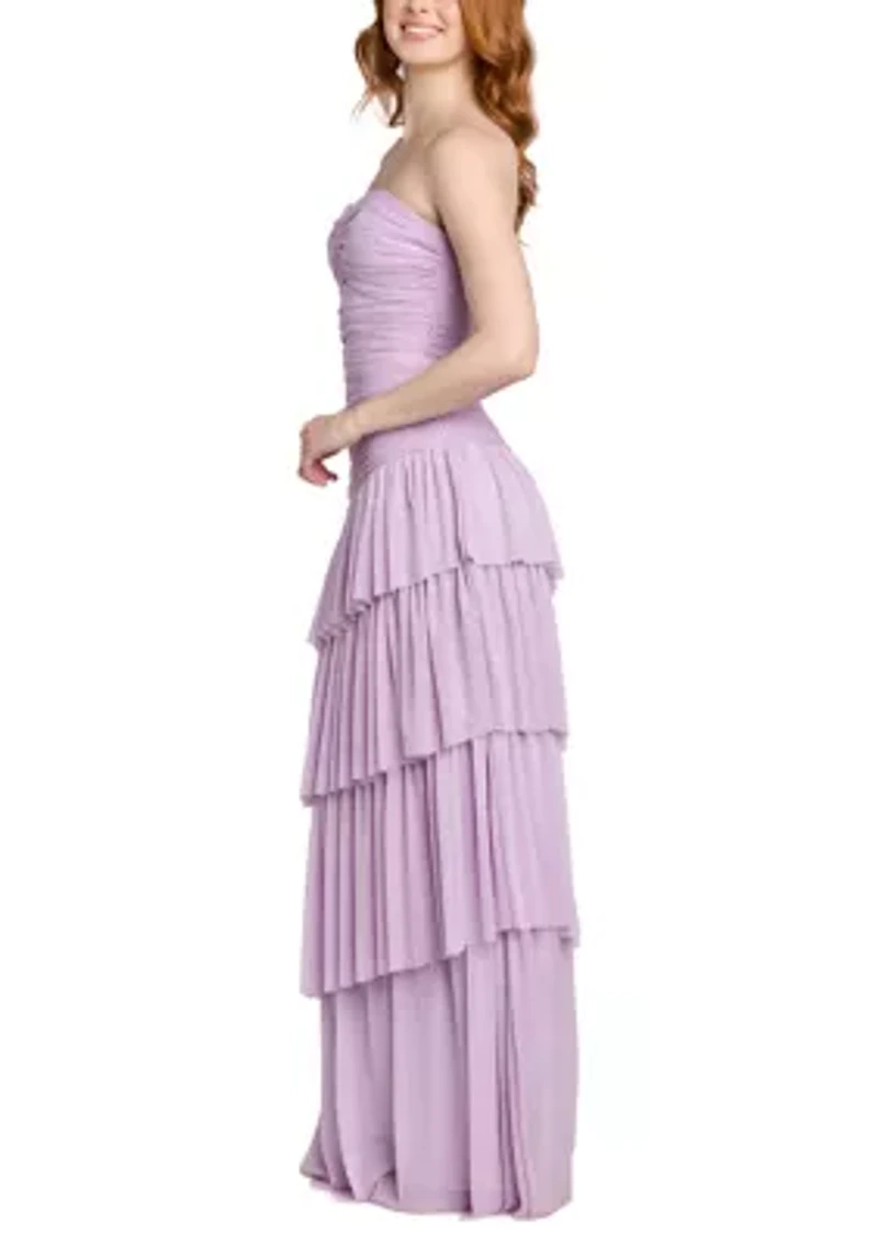 Women's Strapless Tiered Glitter Mesh Dress