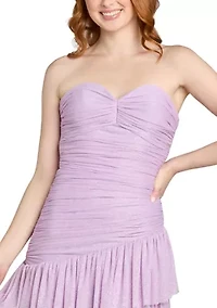 Women's Strapless Tiered Glitter Mesh Dress