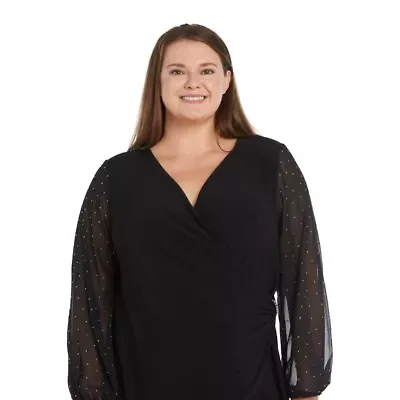 1Pc Sheer Balloon Sleeve With Stud Detail Wrap Dress