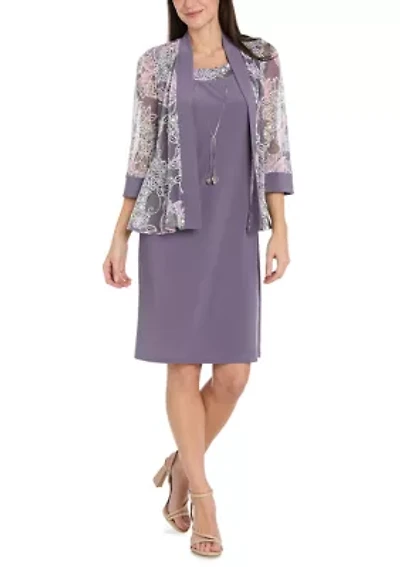 Women's Floral Mesh Jacket Dress with Necklace