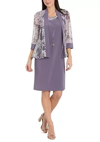 Women's Floral Mesh Jacket Dress with Necklace