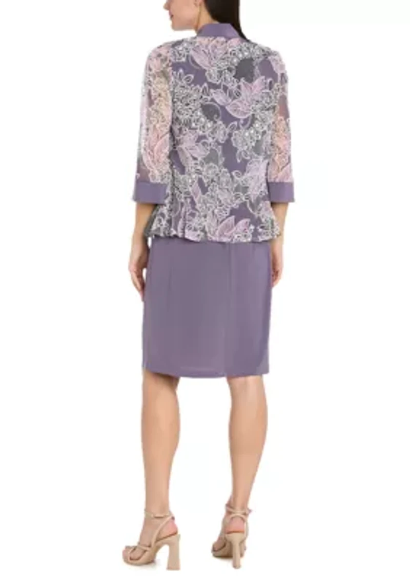 Women's Floral Mesh Jacket Dress with Necklace