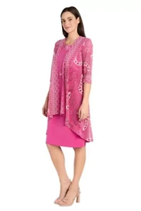 2Pc Medallion Printed Mesh Flyaway Jacket Dress With Detachable Necklace