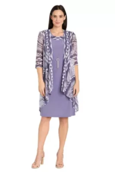 2Pc Printed Flyaway Mesh Jacket And Jersey Dress With Removable Necklace