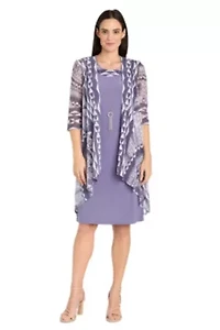 2Pc Printed Flyaway Mesh Jacket And Jersey Dress With Removable Necklace
