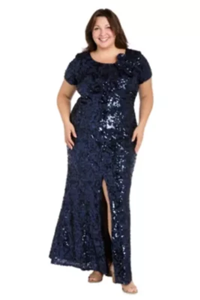 Womens Long Stretch Sequin Cap Sleeve Gown with Flower Detail