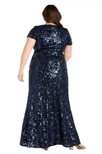 Womens Long Stretch Sequin Cap Sleeve Gown with Flower Detail