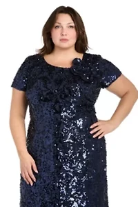 Womens Long Stretch Sequin Cap Sleeve Gown with Flower Detail