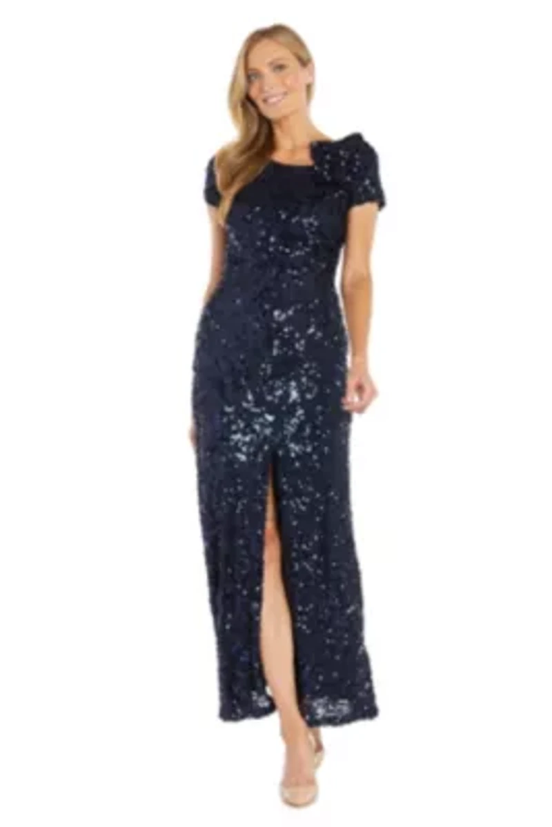 Missy Long Stretch Sequin Cap Sleeve Gown with Flower Detail