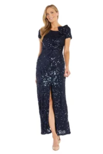 Missy Long Stretch Sequin Cap Sleeve Gown with Flower Detail