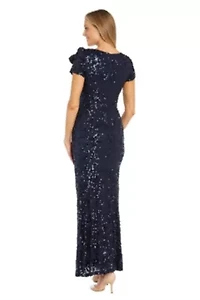 Missy Long Stretch Sequin Cap Sleeve Gown with Flower Detail