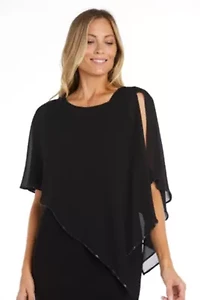Chiffon Poncho With Split Sleeve And Rhinestone Trim Around Edges