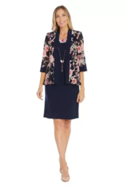 2Pc Floral Printed Jacket Dress with Detachable Necklace