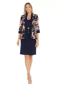 2Pc Floral Printed Jacket Dress with Detachable Necklace