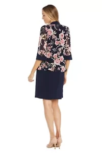 2Pc Floral Printed Jacket Dress with Detachable Necklace