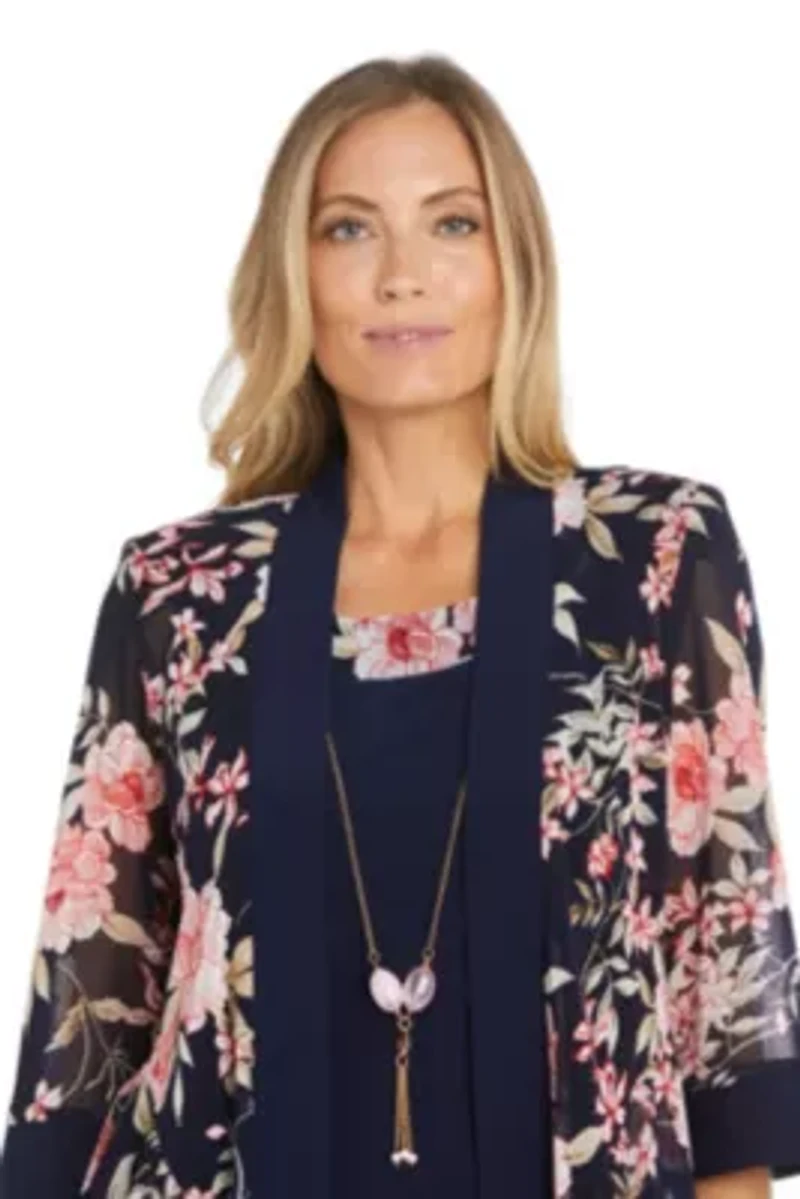 2Pc Floral Printed Jacket Dress with Detachable Necklace