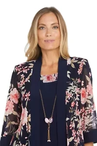 2Pc Floral Printed Jacket Dress with Detachable Necklace