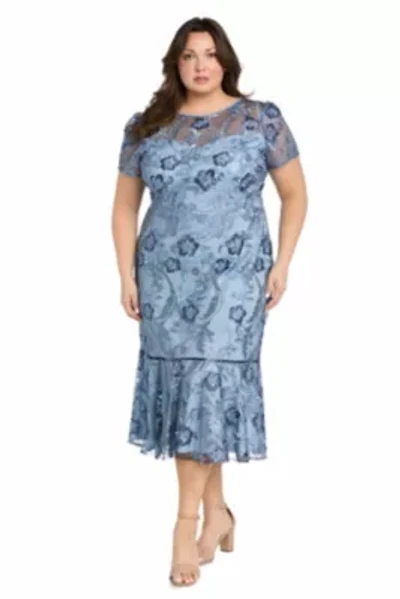 Womens 1Pc Embroidered Tea Length Flounce Dress