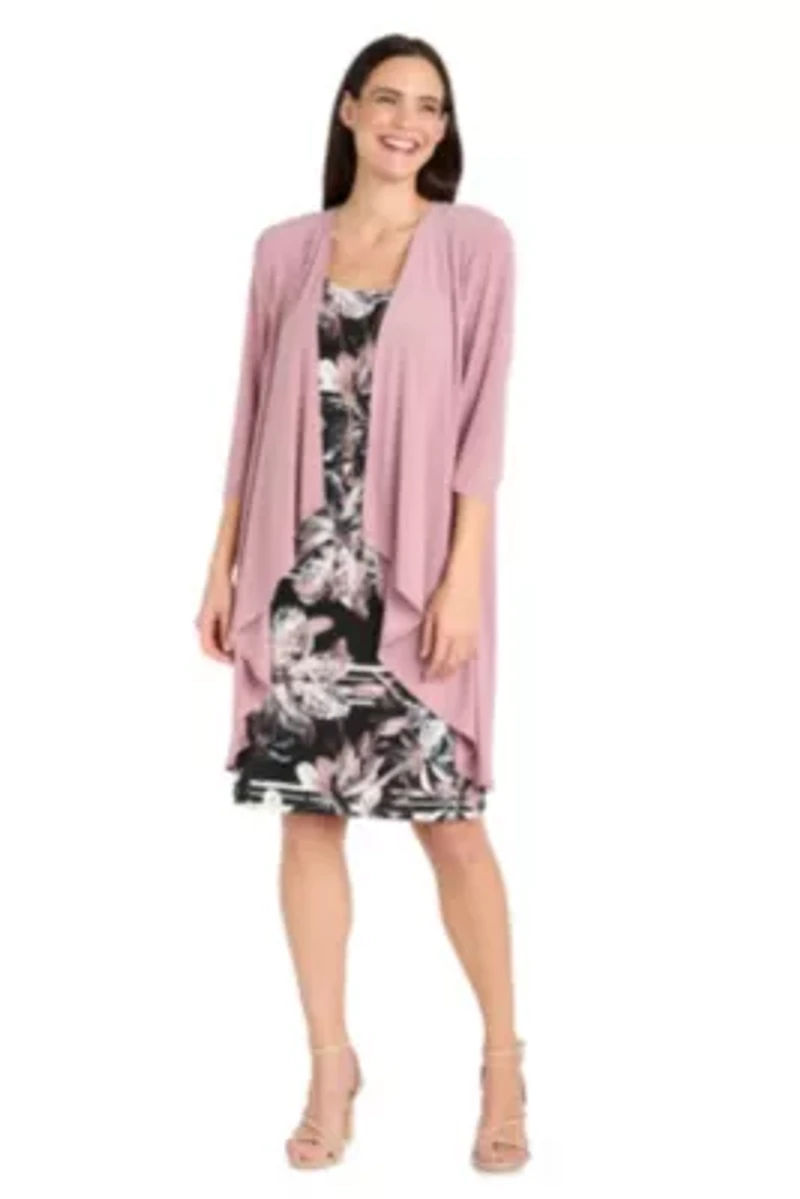 2Pc Printed Floral Tank Dress with Solid Flyaway Jacket and Detachable Necklace