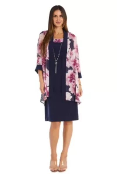 2Pc Printed Chiffon and Jersey Jacket Dress with Detachable Necklace