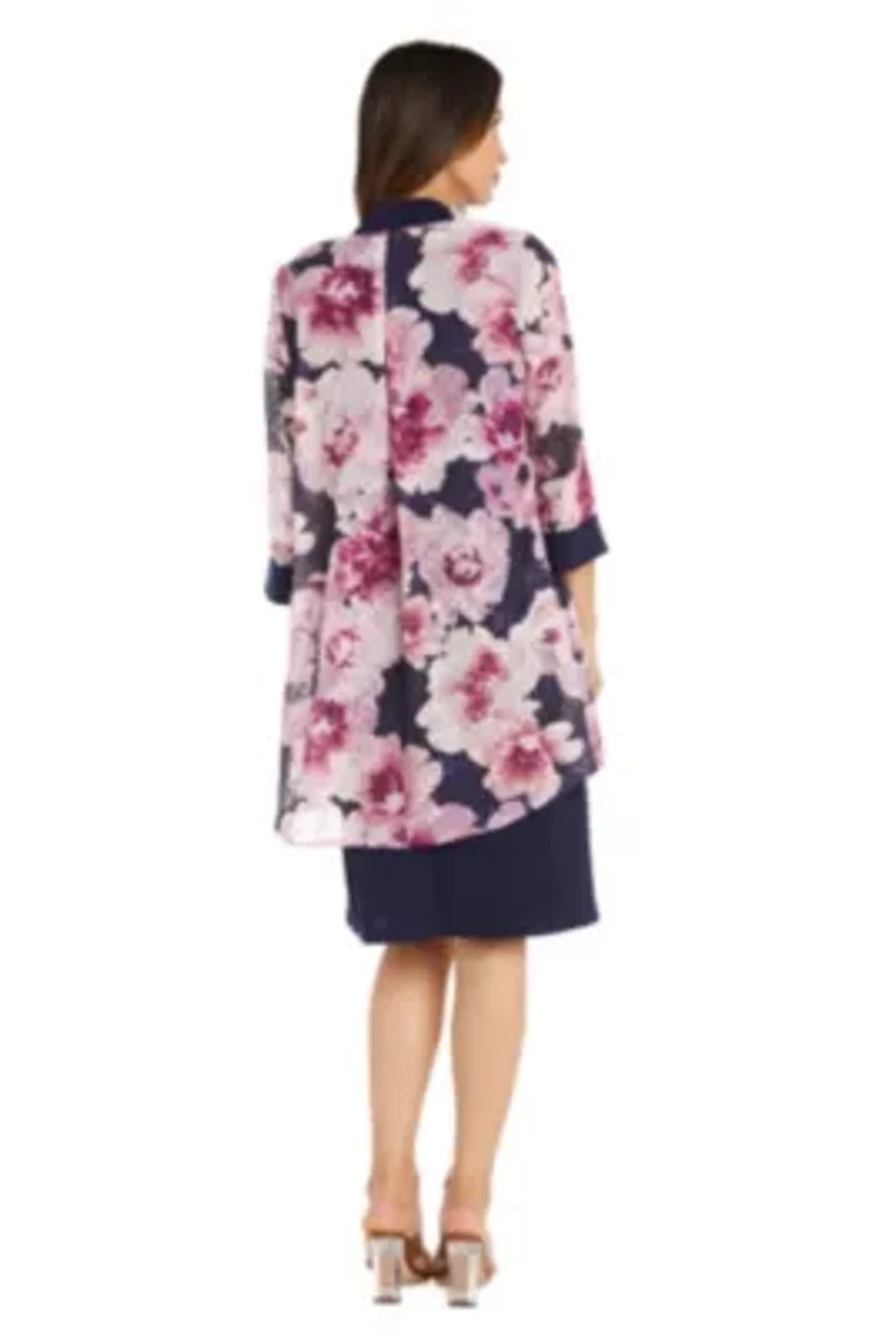 2Pc Printed Chiffon and Jersey Jacket Dress with Detachable Necklace