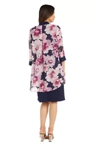 2Pc Printed Chiffon and Jersey Jacket Dress with Detachable Necklace