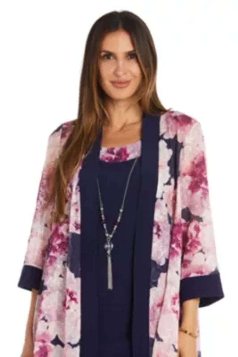 2Pc Printed Chiffon and Jersey Jacket Dress with Detachable Necklace