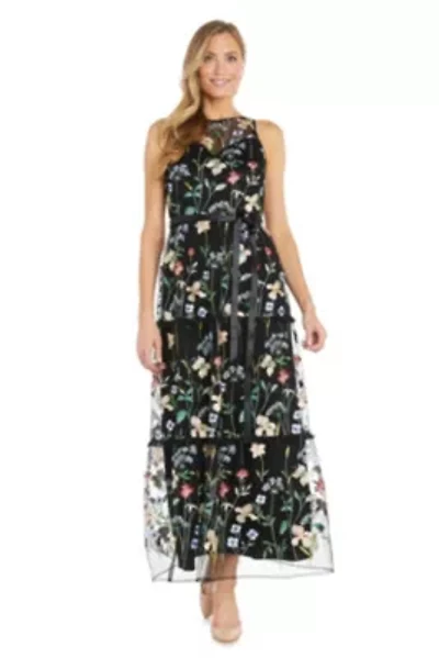 Missy Long Floral Threadwork Dress with Full Skirt and Satin Sash