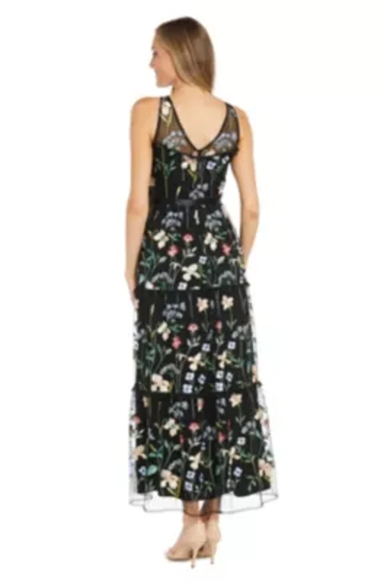 Missy Long Floral Threadwork Dress with Full Skirt and Satin Sash