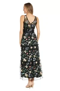 Missy Long Floral Threadwork Dress with Full Skirt and Satin Sash