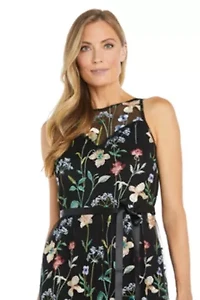 Missy Long Floral Threadwork Dress with Full Skirt and Satin Sash
