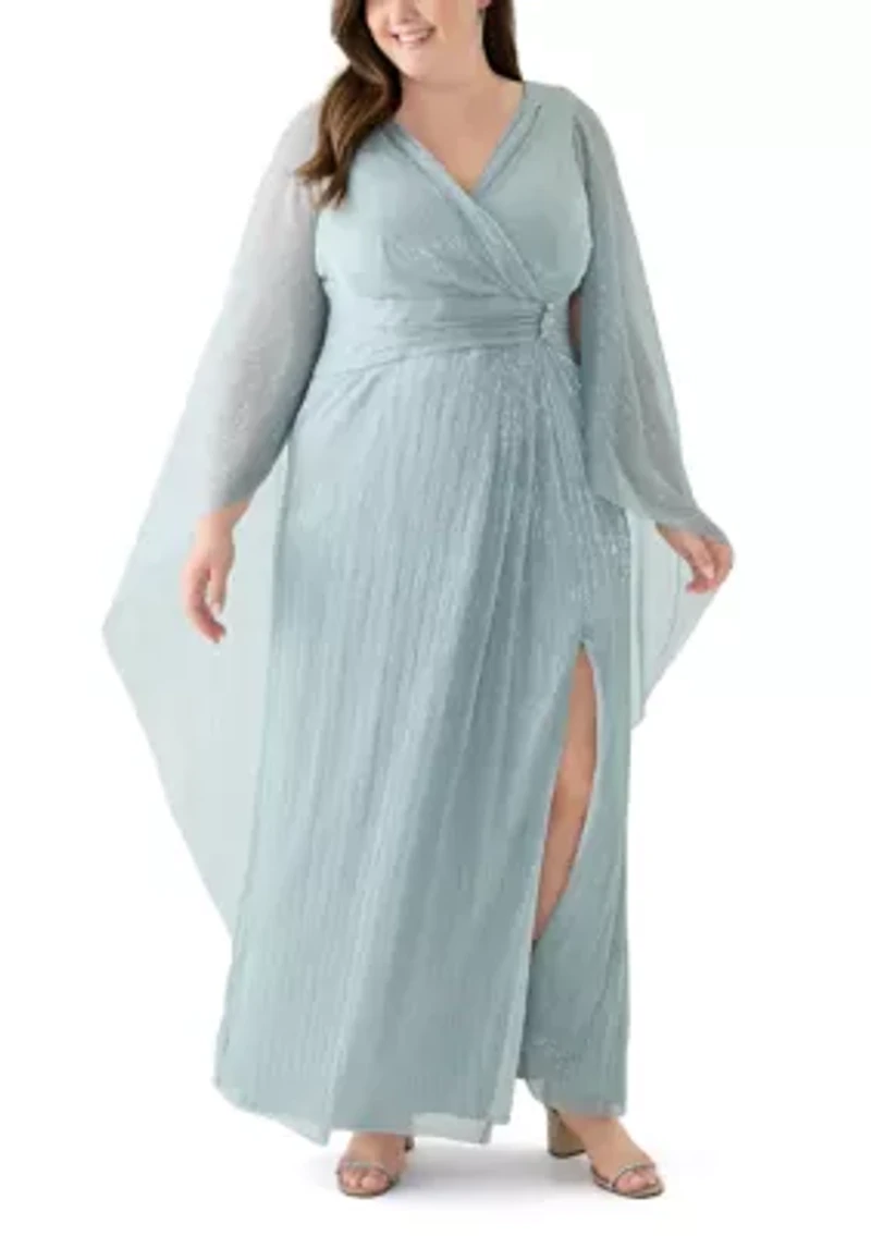 Plus V-Neck Cape Sleeve Solid Gown